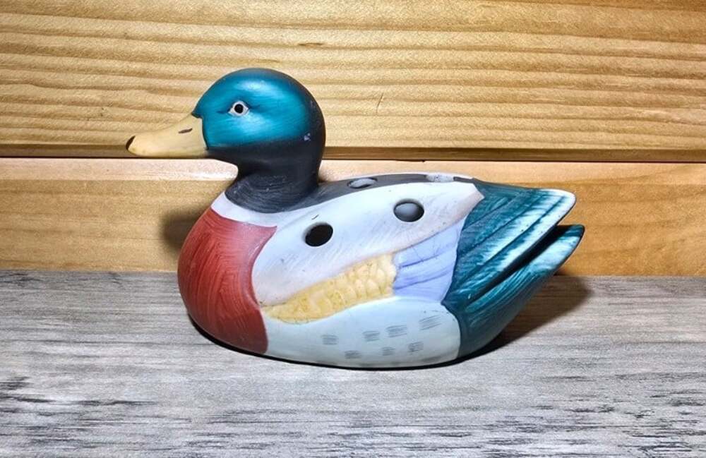 Vintage Mallard Pencil Holder Porcelain Painted Duck Desk 6 Pencil ,Pen Holder
